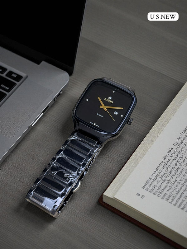 Black Ceramic Square Dial Men’s Watch – Premium Quartz | Luxury Metal Strap