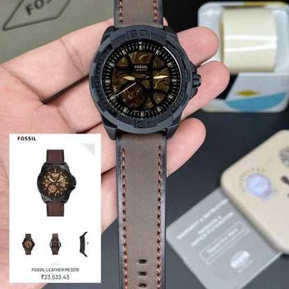 Premium Automatic Skeleton Watch – Black Case & Brown Leather Strap | Men’s Luxury Mechanical Style